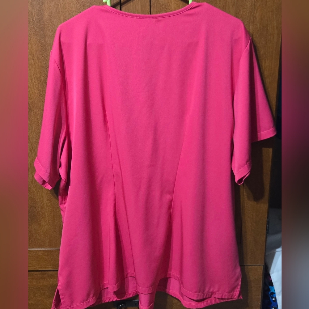 Healing Hands Women’s V-Neck Scrub Top in Bright Pink with Lime Trim - Picture 2 of 3